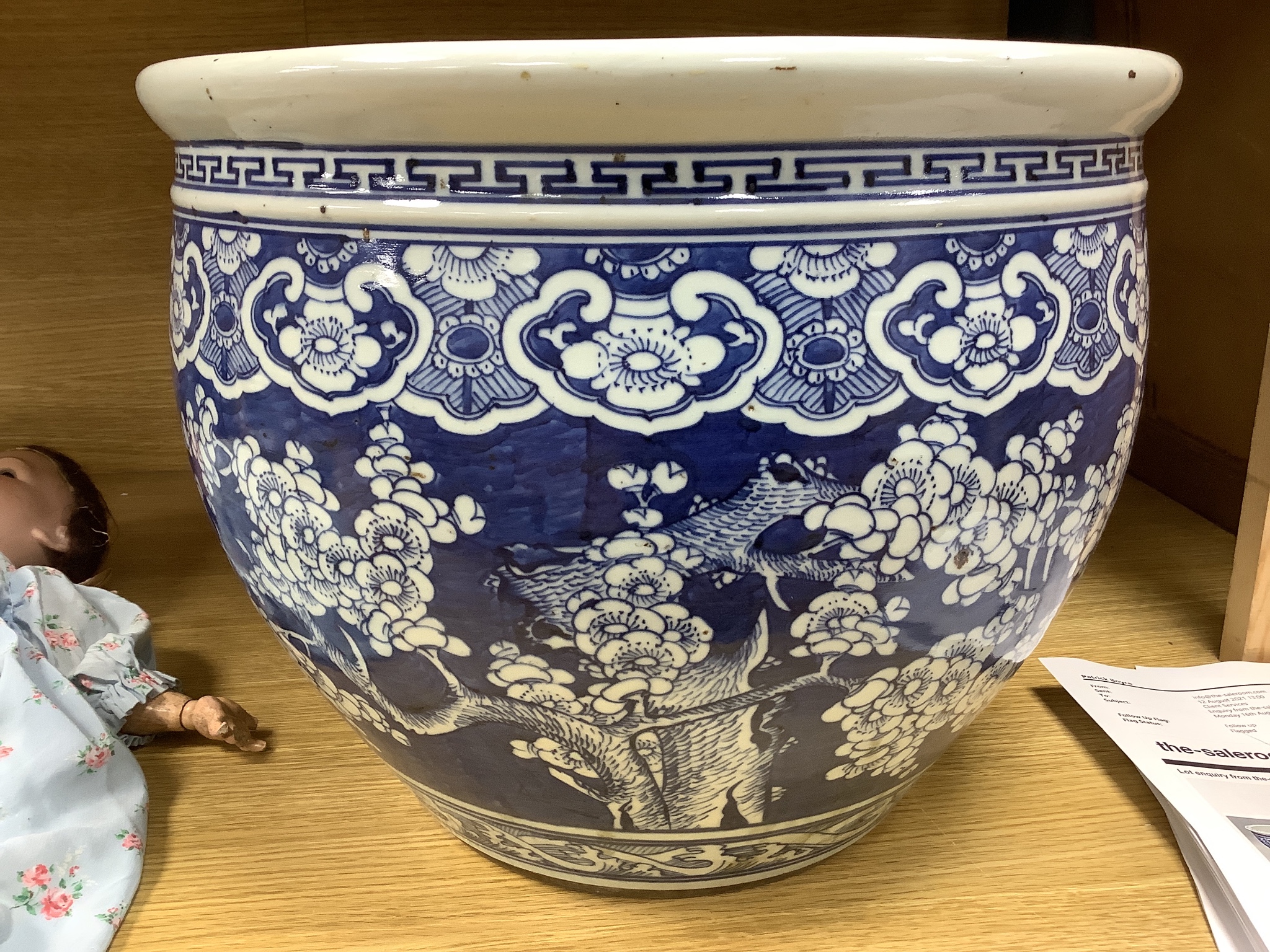 A Chinese blue and white prunus jardiniere, late 19th century, diameter 37.5cm